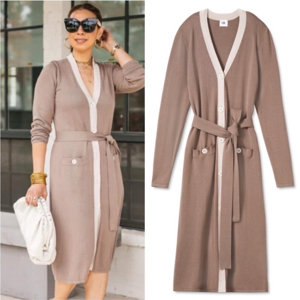 Cabi Longline Cardigan Sweater Coat – Taupe & Cream Trim – Belted – Size Medium